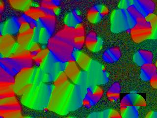 PolScope pictures of Cromolyn condensed + isotropic phase (color represents in-plane director orientation)